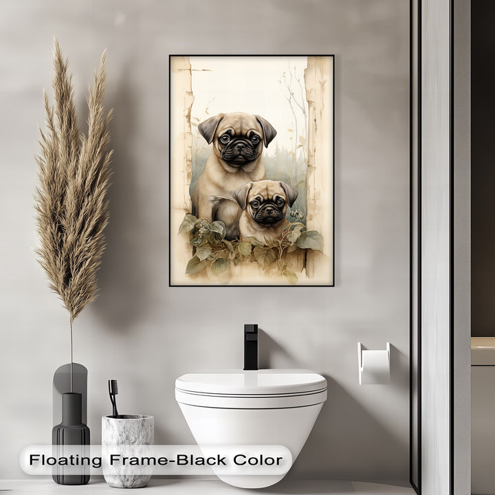 Twin Pug Companions – Vintage Botanical Style Puppies Canvas Print