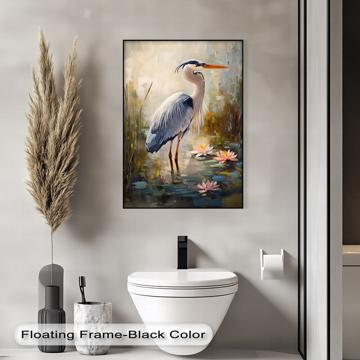 Graceful Heron Among Lilies – Serene Wildlife Canvas Print
