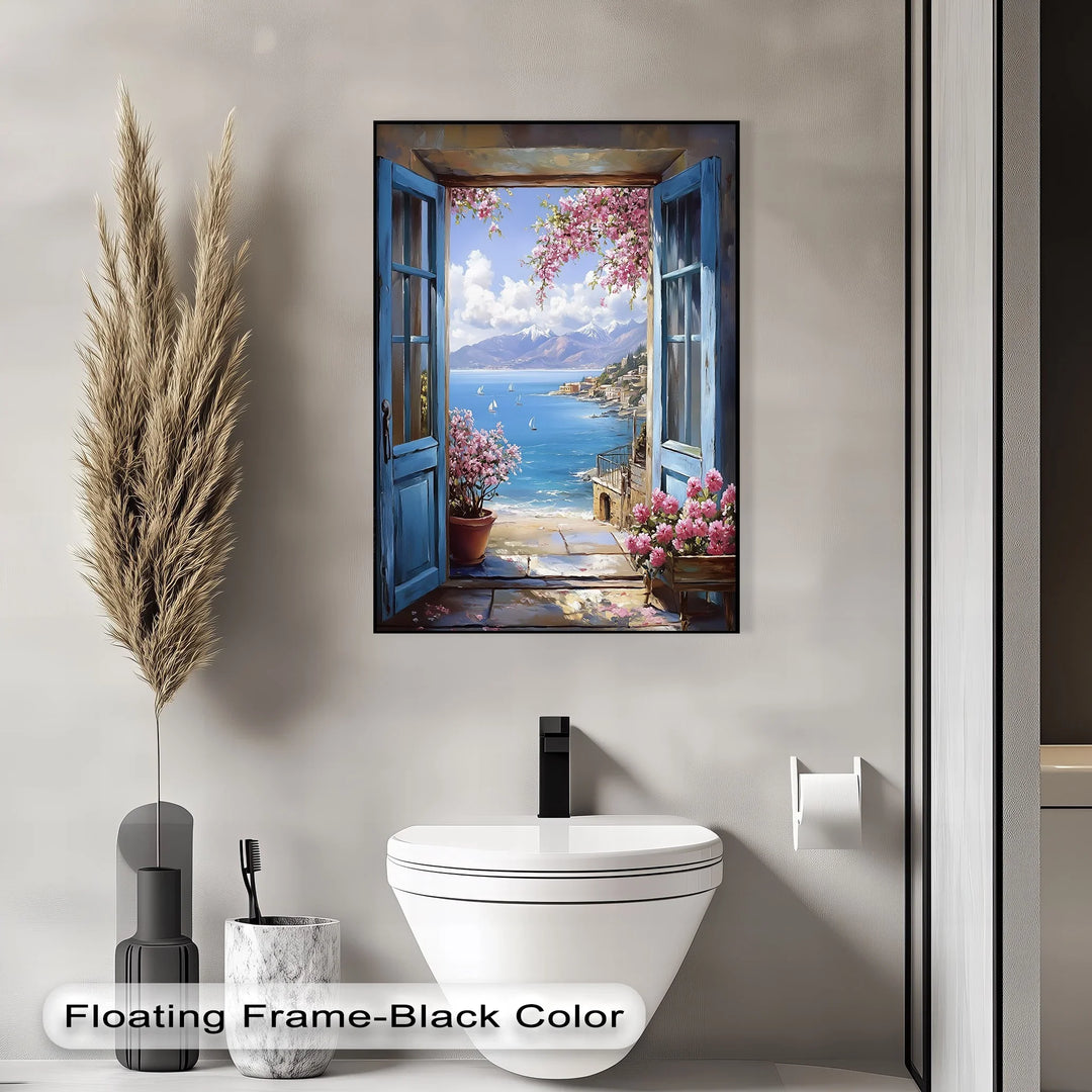 Mediterranean View – Open Window with Coastal Seascape Canvas Print - MyPhotoStation