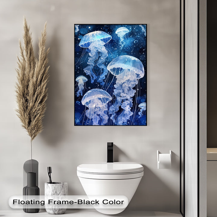 Captivating depth and subtle layers are visible in the luminous jellyfish canvas wall decor, with glowing blue creatures floating serenely in a dark, ethereal ocean.