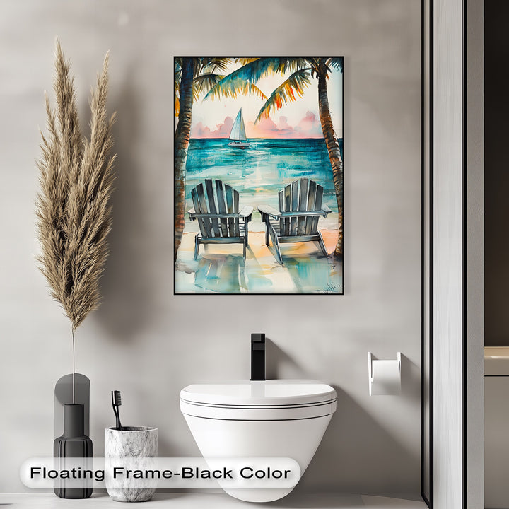 Feel the calm breeze in this watercolor-style photo canvas of chairs overlooking the sea.

