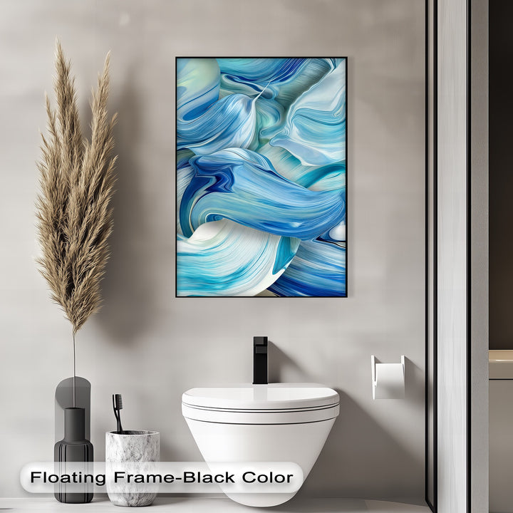 The wispy, feathery pampas grass stands elegantly next to a stunning blue flow abstract ocean wave big canvas print wall art.