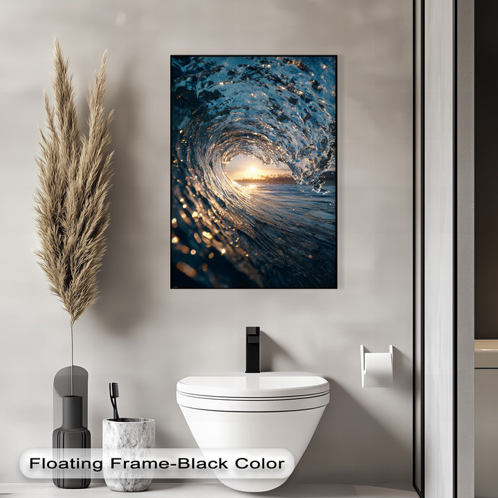 Geometric shapes define the scene, from the rectangular-framed spiraling ocean wave high quality canvas prints to the cylindrical vase and toilet.