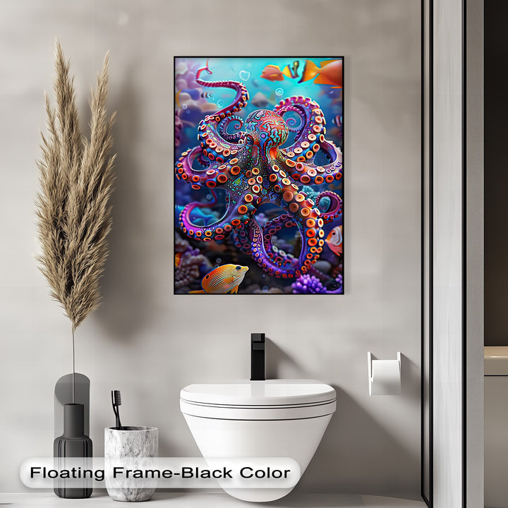 Subtle light casts soft shadows across the wall art featuring a vibrant, colorful octopus, making it one of the best canvas prints for a modern bathroom.