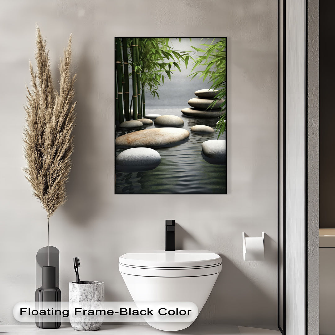Dappled light and soft shadows dance across the peaceful water and smooth zen stones on this serene bamboo premium canvas decor.