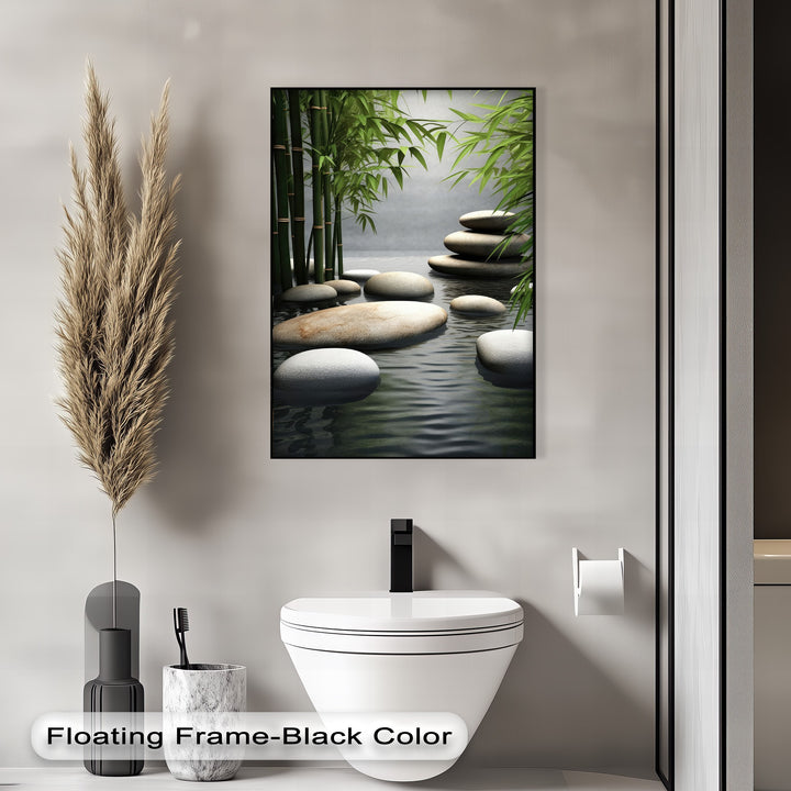 Dappled light and soft shadows dance across the peaceful water and smooth zen stones on this serene bamboo premium canvas decor.