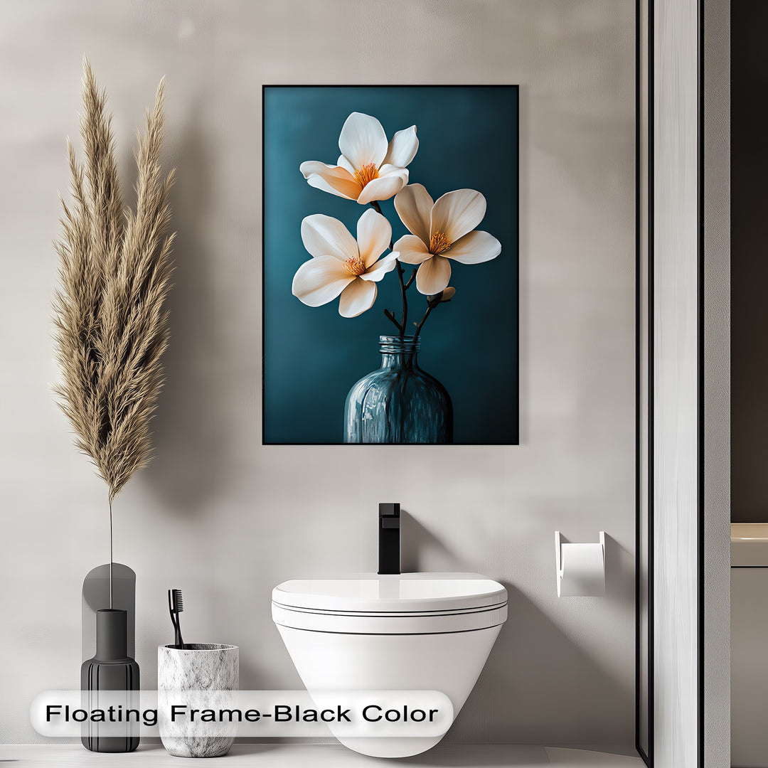 White Magnolia Trio in Teal – Elegant Floral Canvas Prints