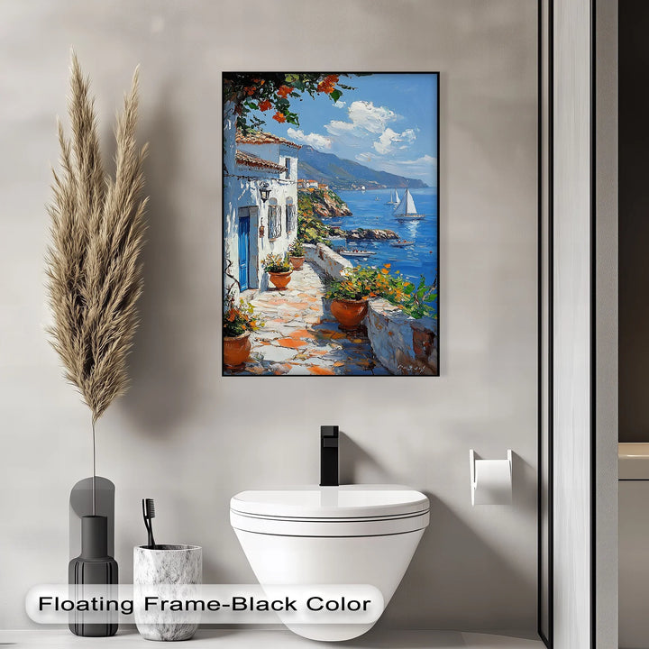 Mediterranean Stroll – Seaside Village Path with Blue Door Canvas Print - MyPhotoStation