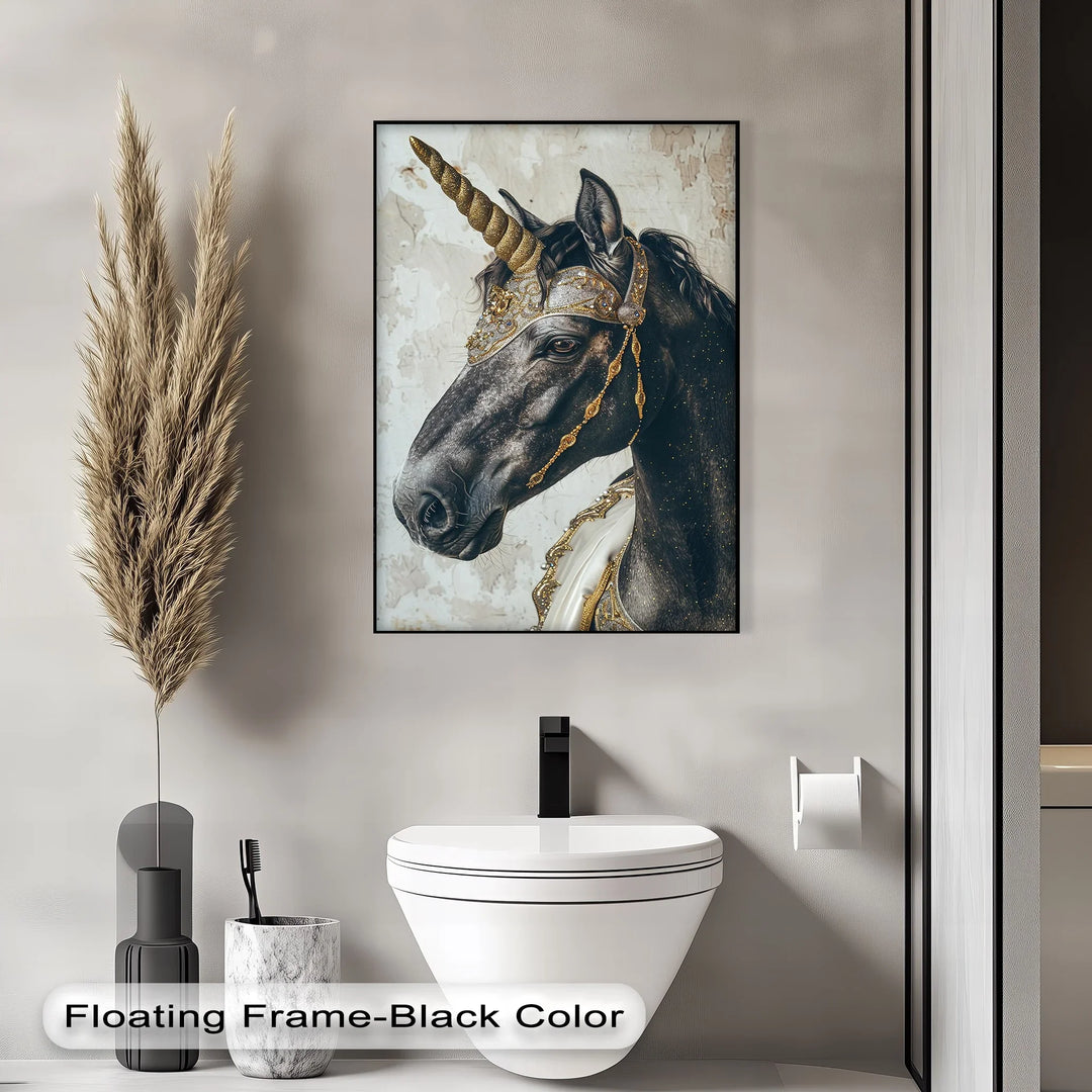 Regal Black Unicorn with Golden Armor – Fantasy Animal Canvas Print - MyPhotoStation