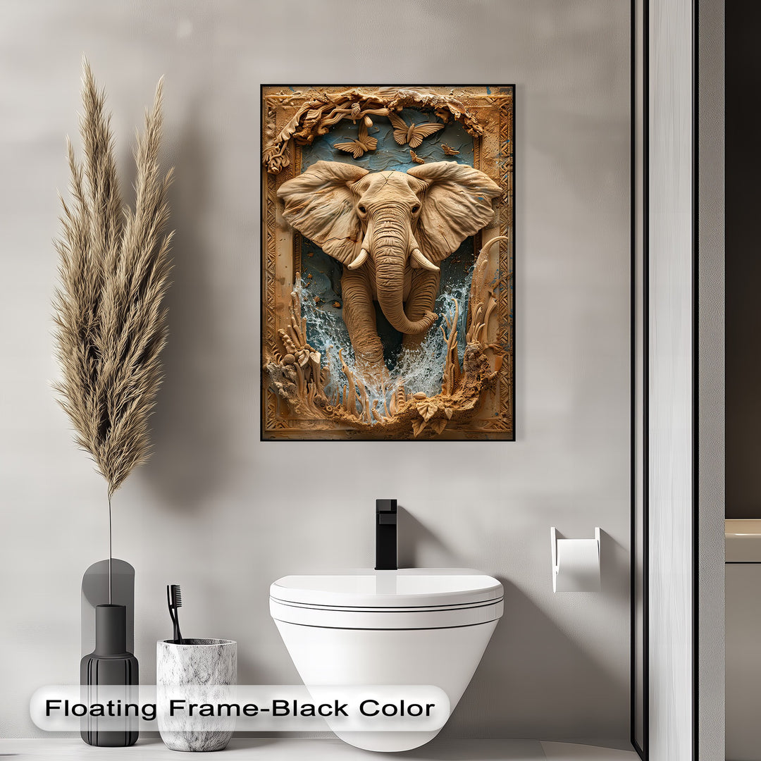 Capturing dynamic movement, a majestic elephant bursts from splashing water, surrounded by fluttering butterflies on this big canvas print.