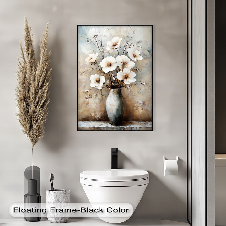 Vintage Bloom Still Life – White Flowers in Vase Canvas Print