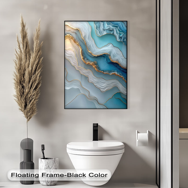 The interplay of light and shadow highlights the intricate layers of the Turquoise Agate unique canvas print, creating depth in the modern bathroom setting.