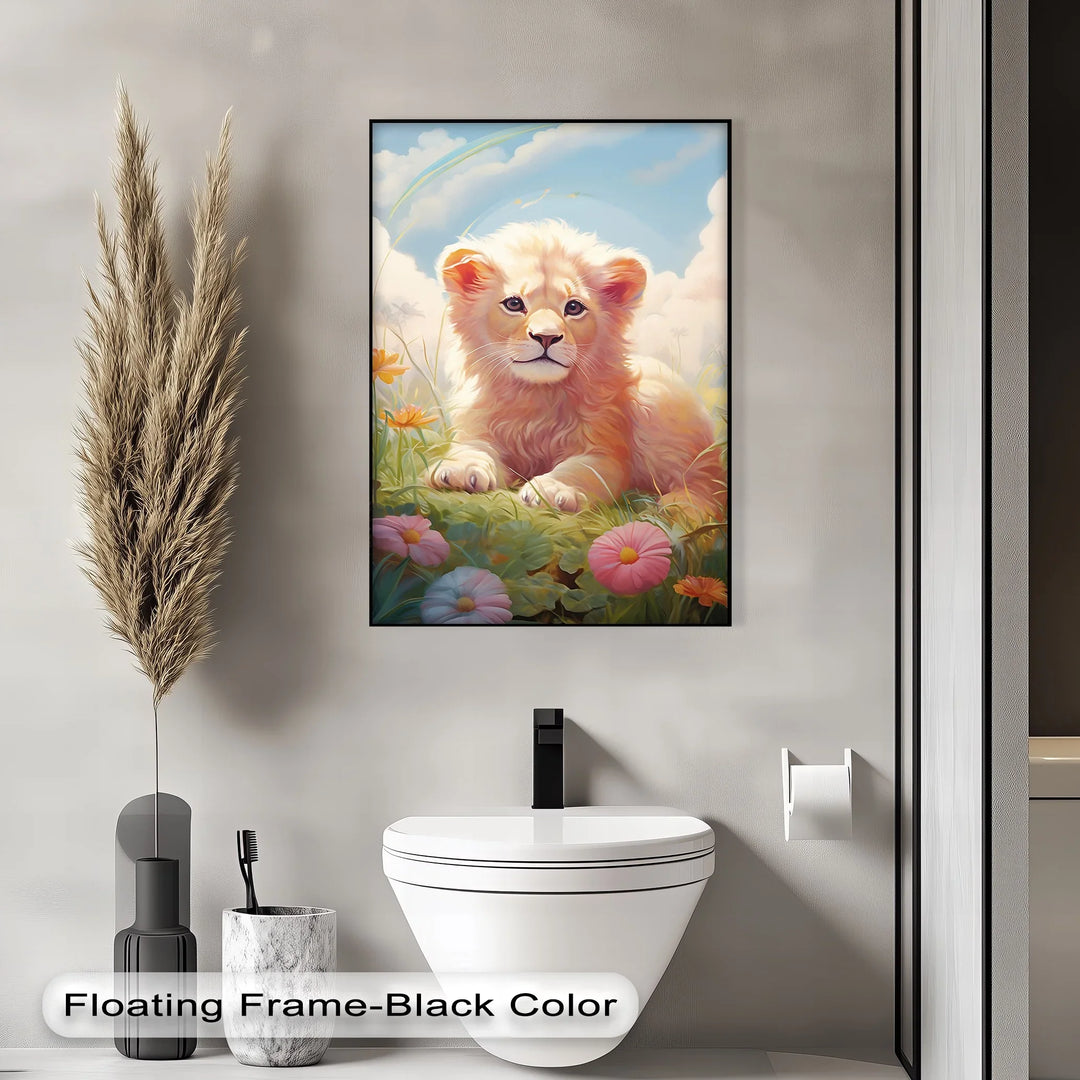 Innocent Majesty – Baby Lion Cub in Blooming Field Animal Canvas Print - MyPhotoStation