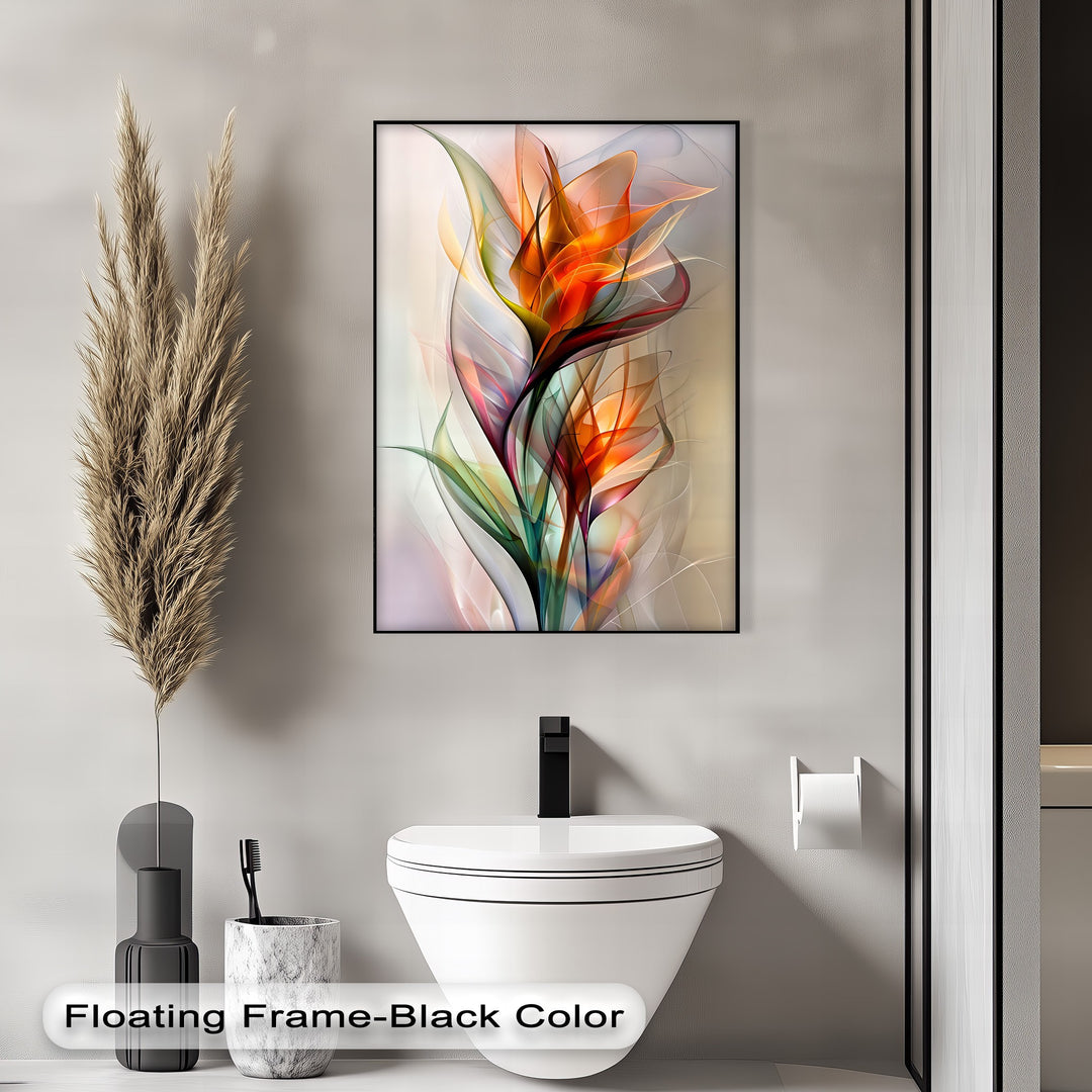 The brightest area, a luminous white background, illuminates the vibrant orange and green abstract botanical design on this modern big canvas prints.