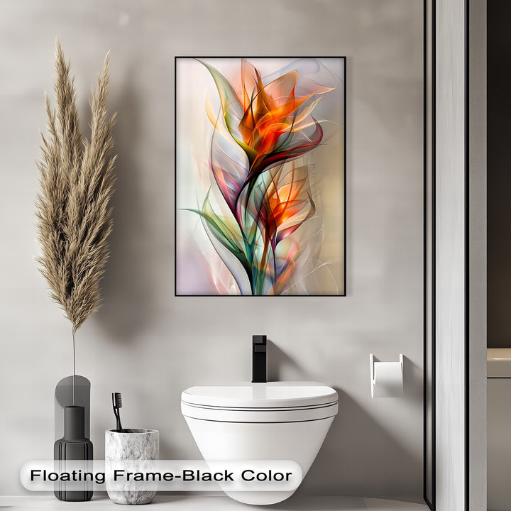 The brightest area, a luminous white background, illuminates the vibrant orange and green abstract botanical design on this modern big canvas prints.