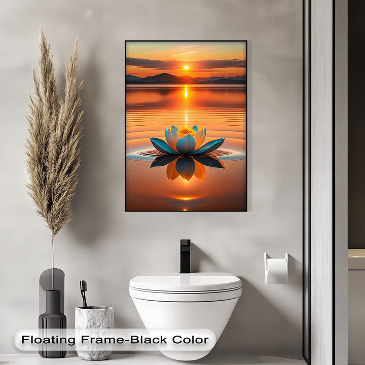 Vibrant transitions between golden sunset hues and serene azure lotus petals reflected on water, beautifully displayed on a peaceful zen lake framed canvas.