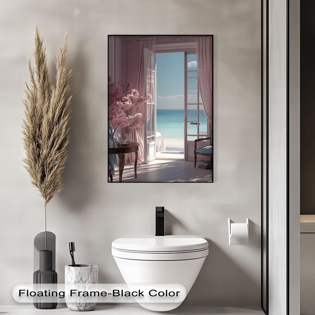 Seaside Serenity – Elegant Room with Ocean View Canvas Print
