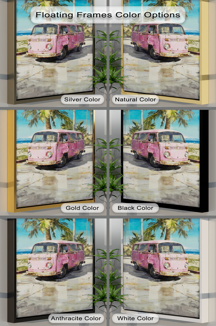 Pink Paradise Ride – Vintage Van by the Beach Canvas Print