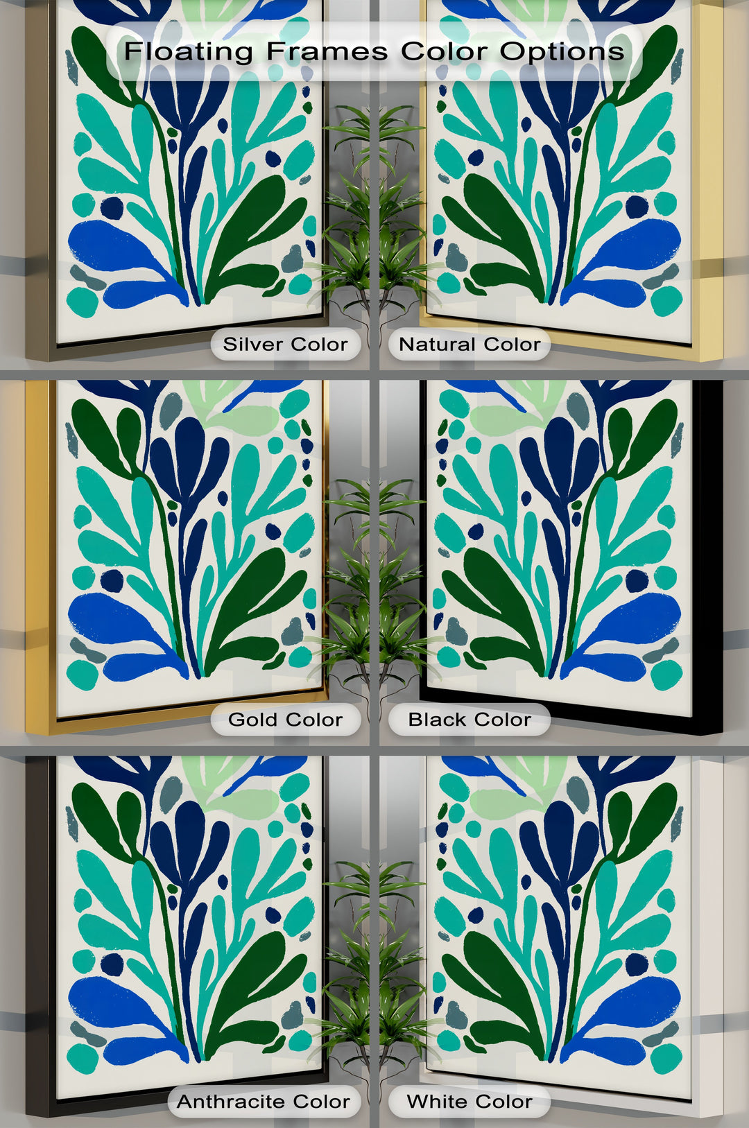 Botanical print showcases various framing color options, presenting the minimalist abstract leaf canvas wall art in silver, natural, gold, black, anthracite, and white.