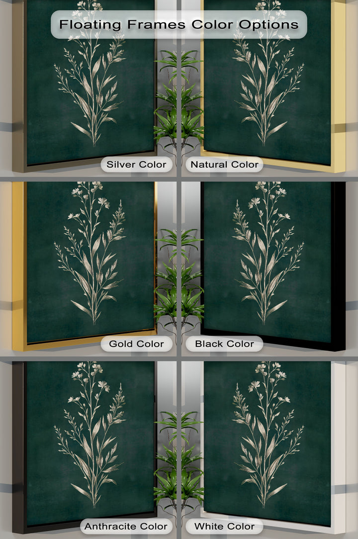 Horizontal display showing different frame color options for the vintage botanical herb hanging canvas, showcasing elegant plant illustration wall art.