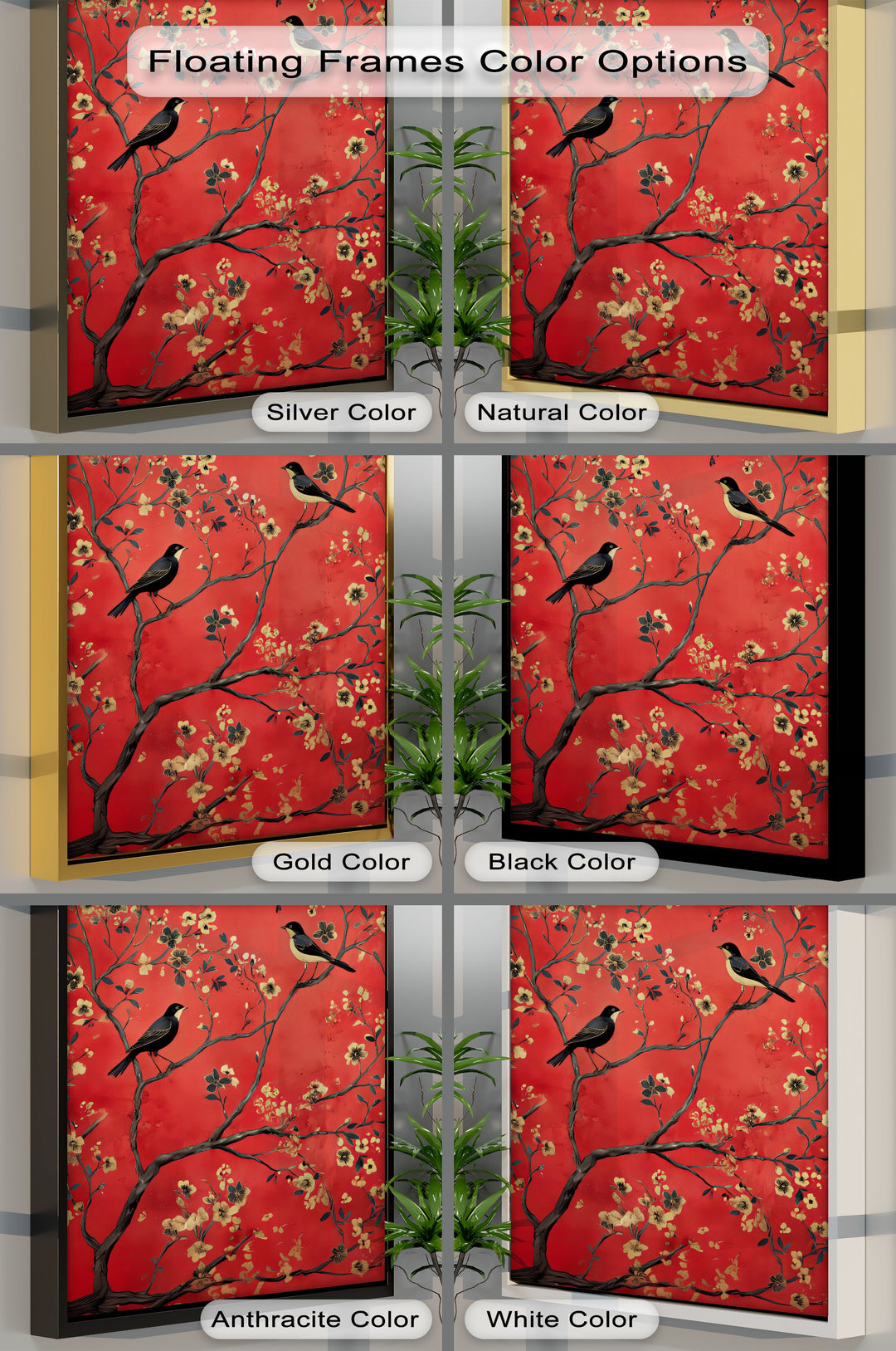 Crimson Melody – Golden Blossom Birds Canvas Wall Art | Framed Art