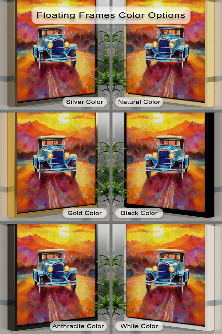 Sunset Journey – Vintage Car on Painted Desert Road Canvas Print - MyPhotoStation