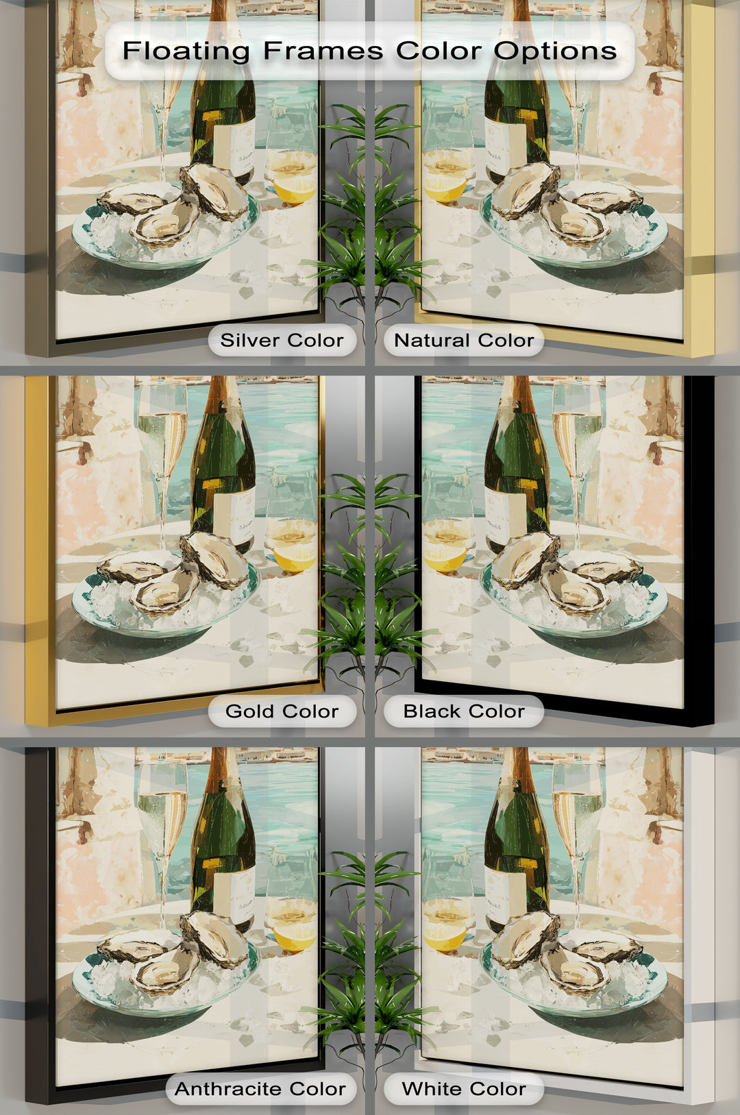 Canvas wall art showcasing oysters and champagne with choices of silver natural gold black anthracite and white borders.