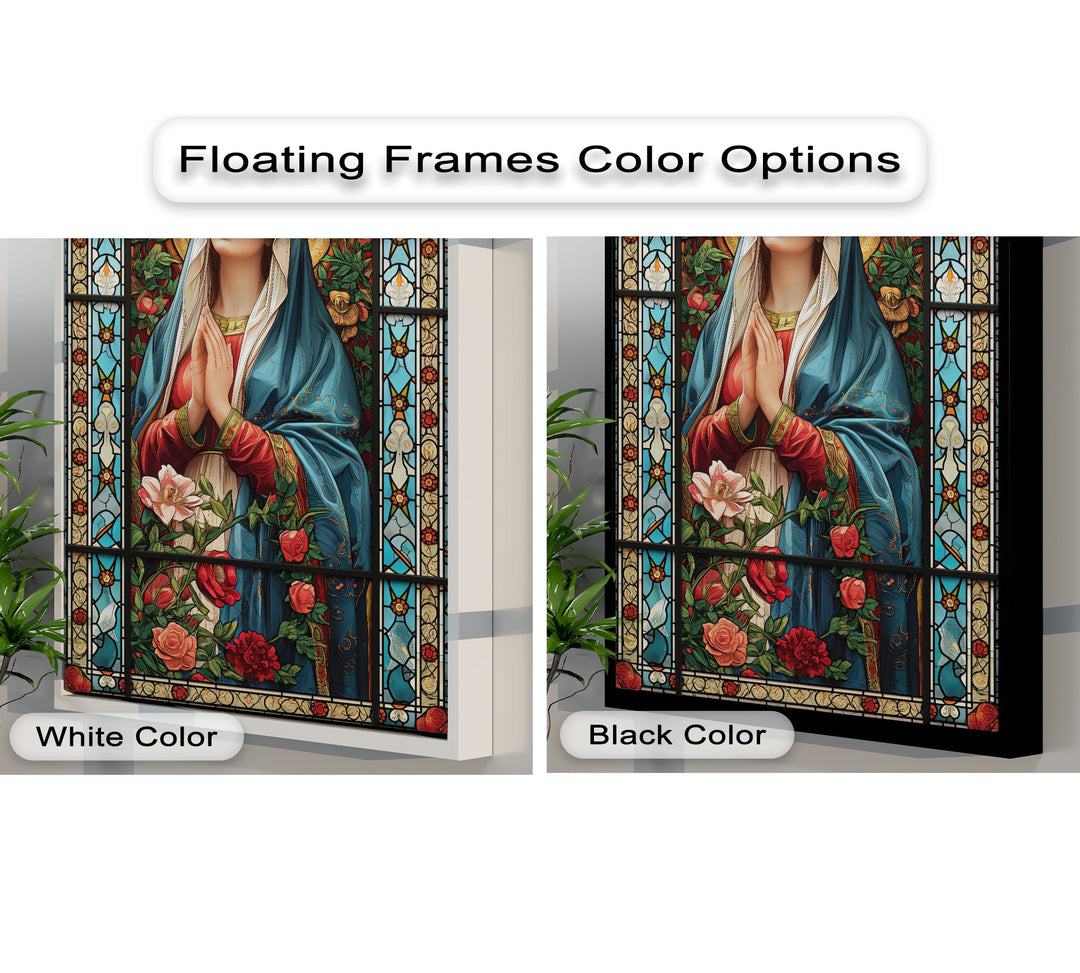 The serene and reverent mood of this beautiful religious floral canvas artwork features Stained Glass Mary in prayer.