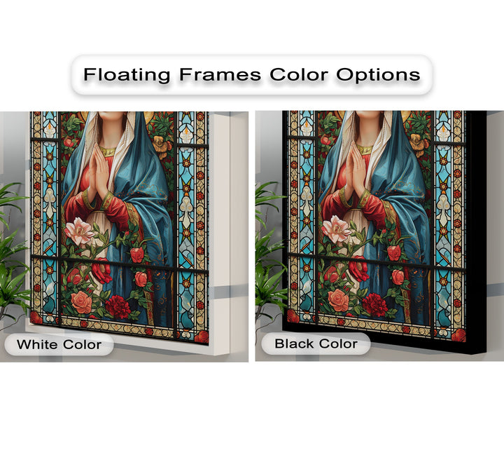 The serene and reverent mood of this beautiful religious floral canvas artwork features Stained Glass Mary in prayer.