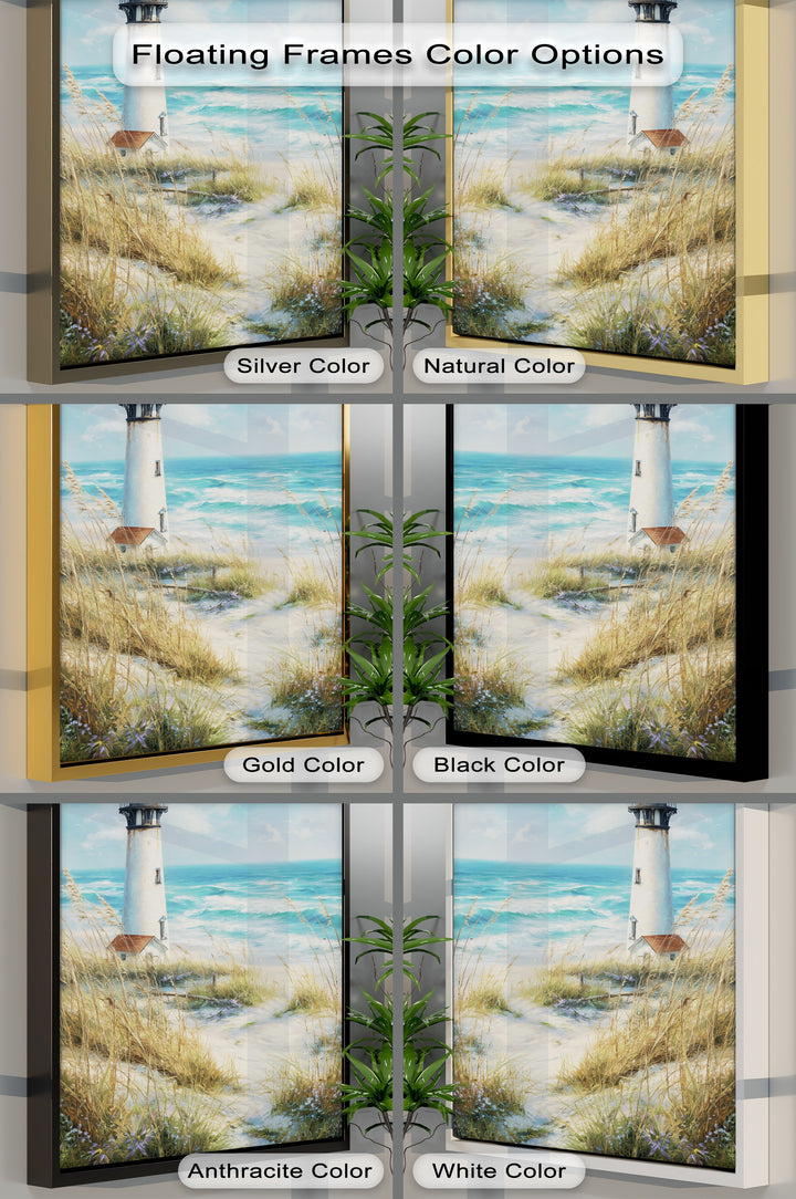 The darkest area of this coastal lighthouse canvas print is the black canvas wall decor frame option, contrasting with other available frame colors like silver and gold.