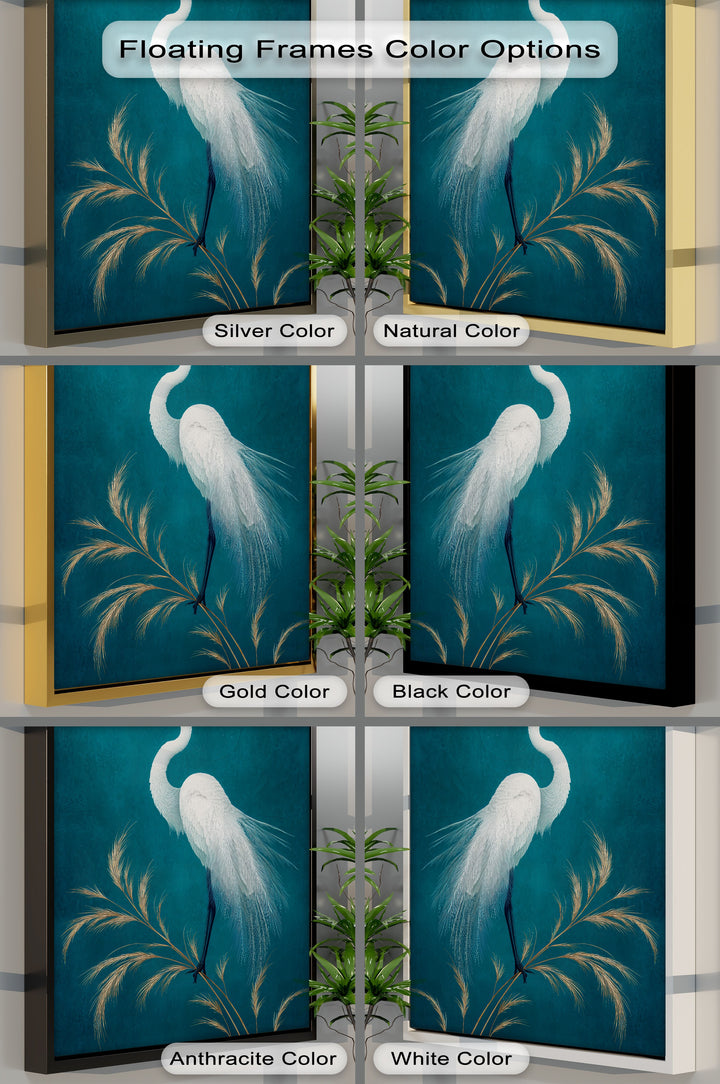 The teal background of this elegant white heron art is complemented by golden reeds, enhancing the minimalist bird canvas painting in a modern wall art setting.