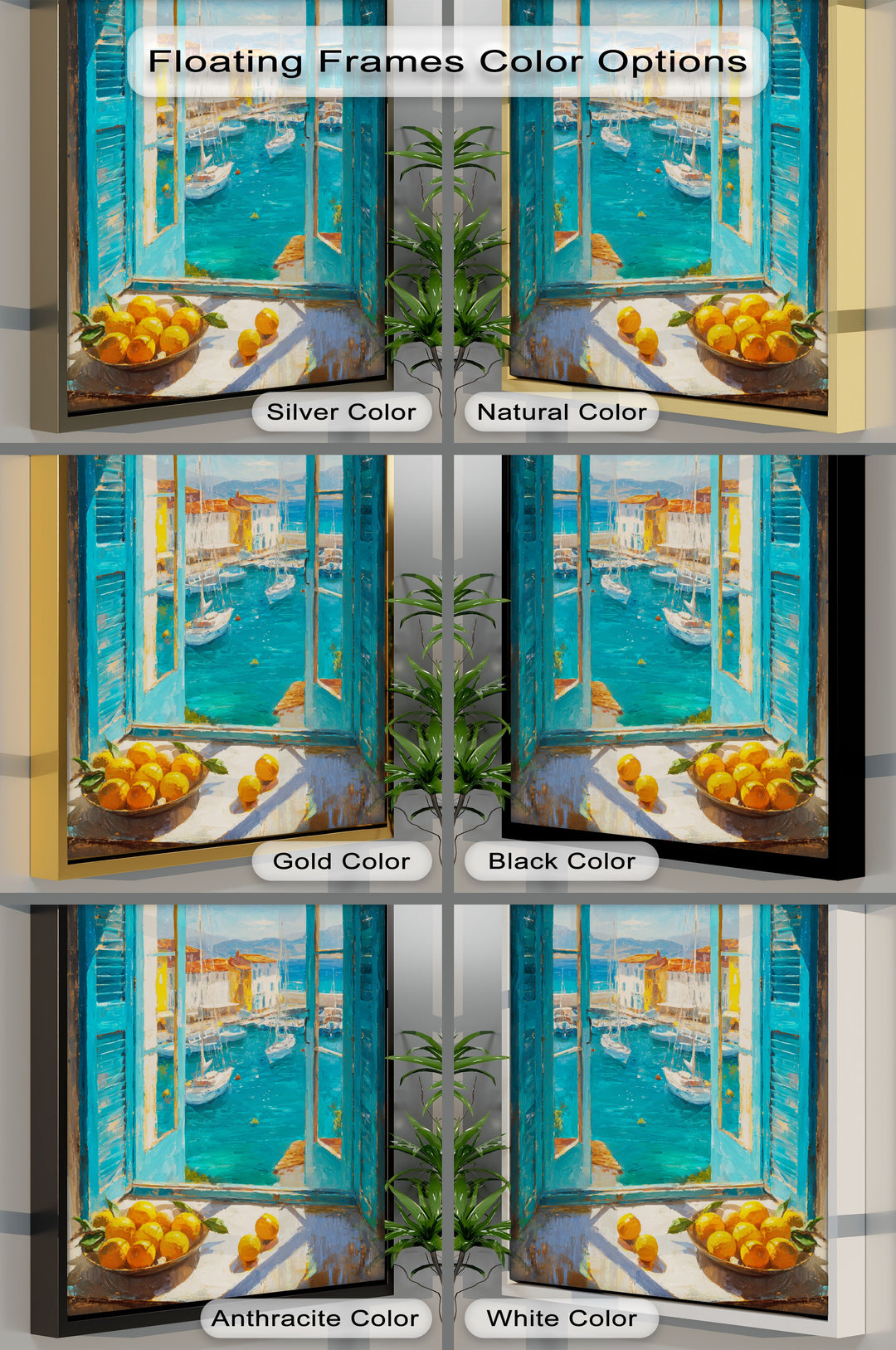 Evoking the sense of movement, this coastal village sea view presents a Mediterranean harbor with sailboats as a unique canvas print.