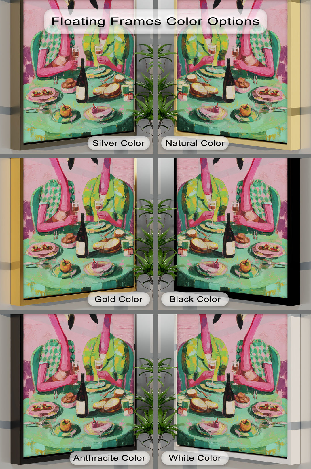 Foreground plates and vibrant brushstrokes highlight the playful pop art flamingo dinner party canvas pictures, showcasing frame color options.