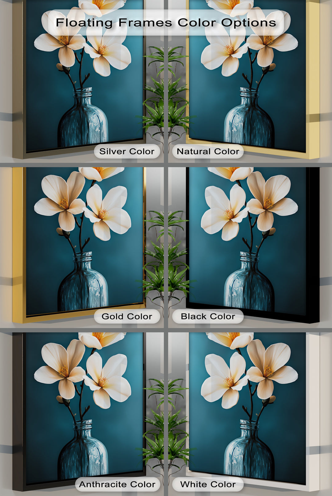 White Magnolia Trio in Teal – Elegant Floral Canvas Prints