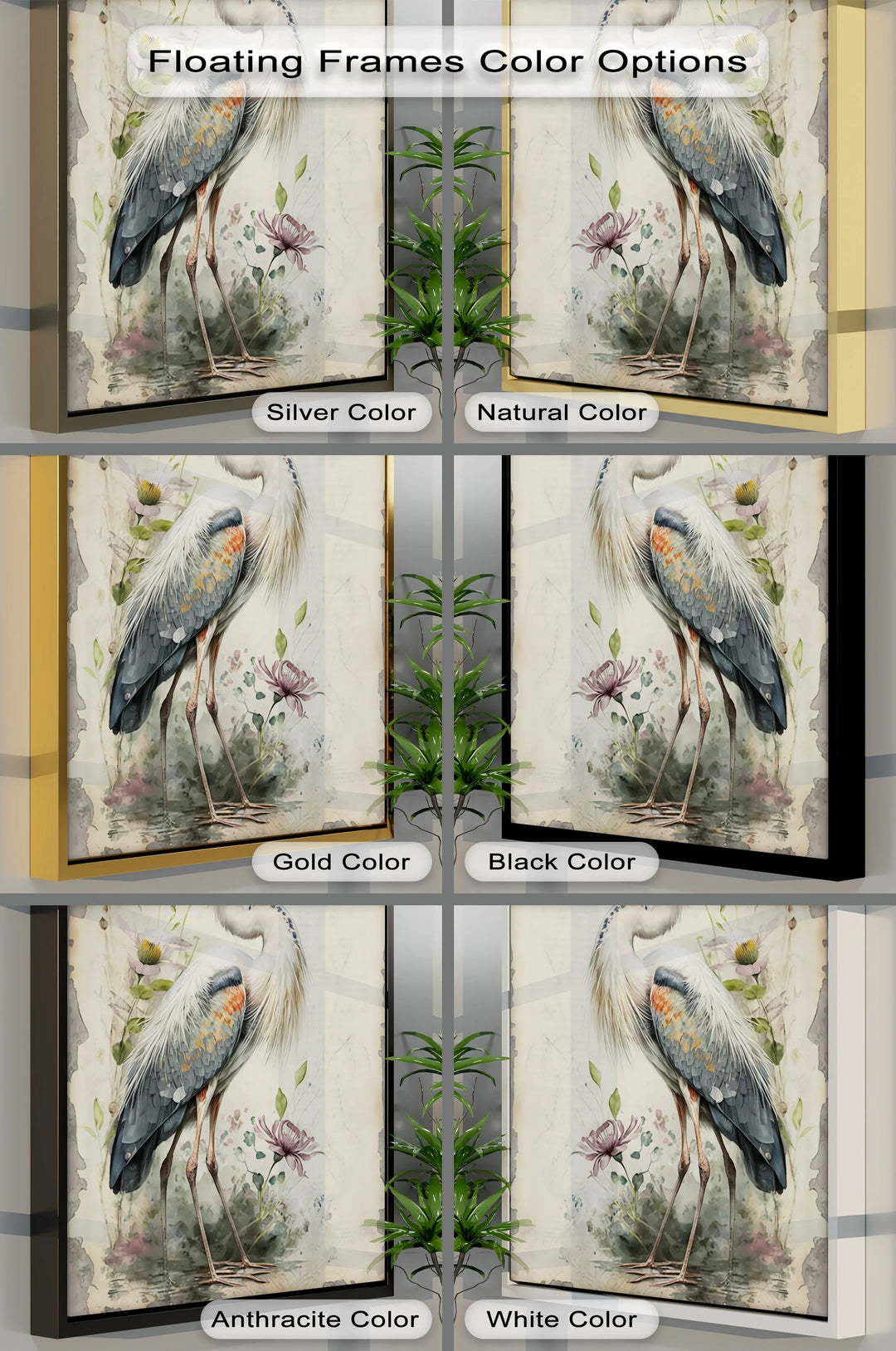 Graceful Heron Amid Wildflowers – Vintage Nature Canvas Print - MyPhotoStation