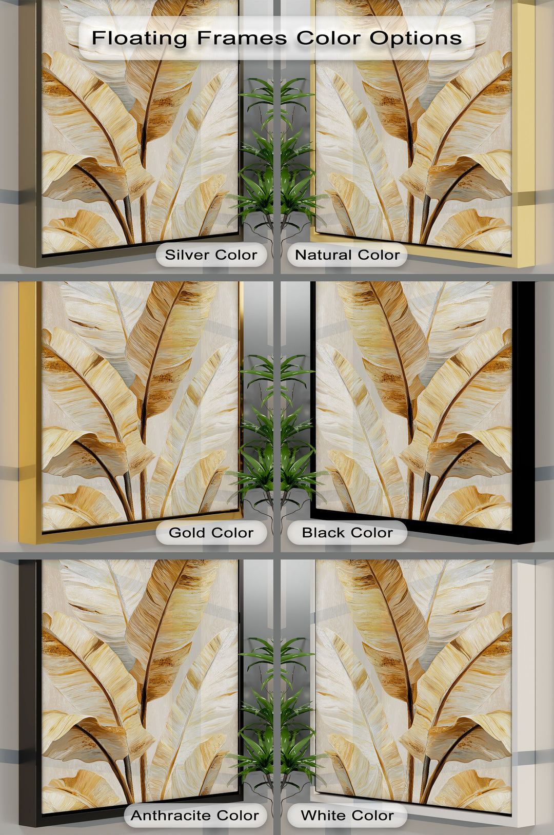 Layered canvas art featuring a golden tropical leaf print creates depth through its neutral botanical design and frame color options.