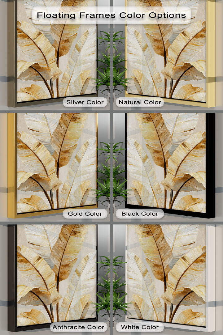 Layered canvas art featuring a golden tropical leaf print creates depth through its neutral botanical design and frame color options.