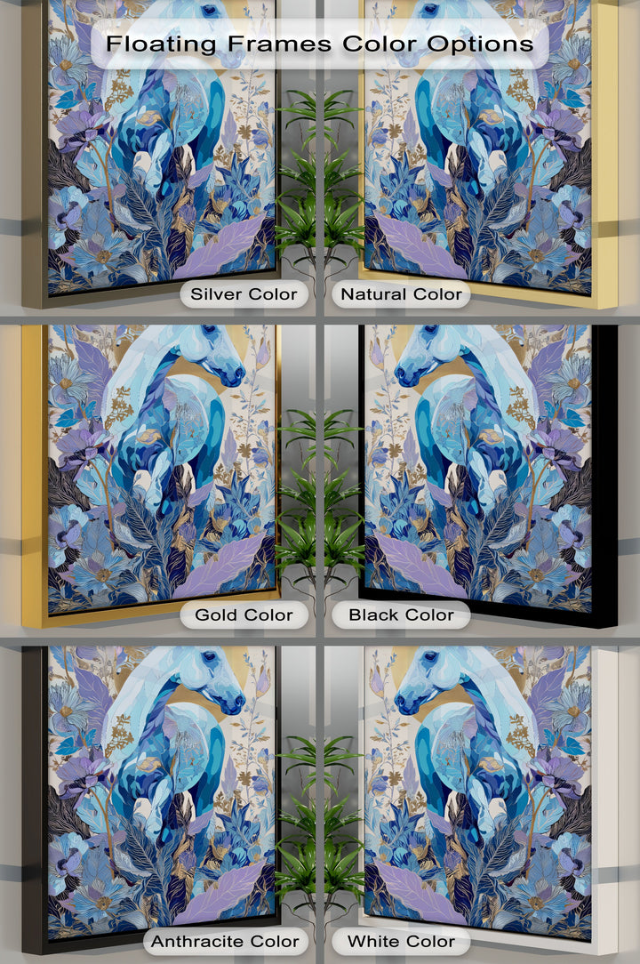 Celestial Bloom – Blue Horse in Golden Floral Fantasy Canvas Print