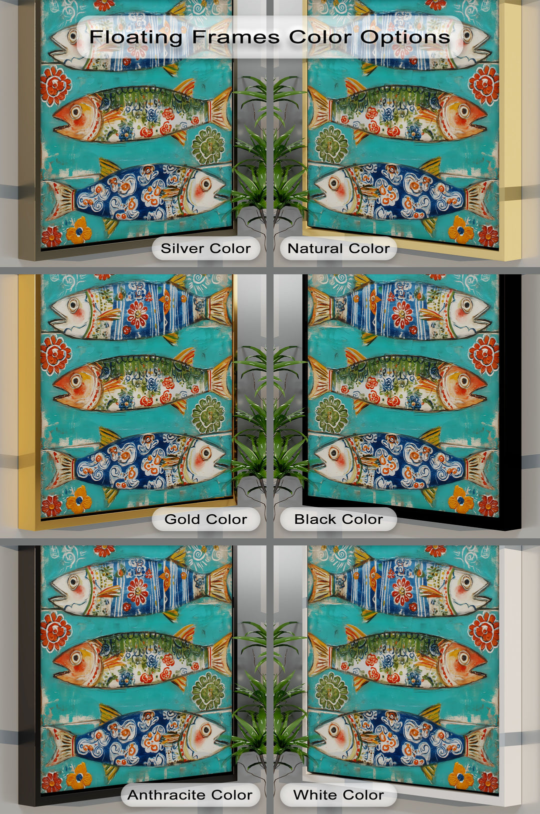 Floating frame color options highlight the colourful folk fish canvas art against a turquoise backdrop, offering striking canvas art choices for coastal home decoration.