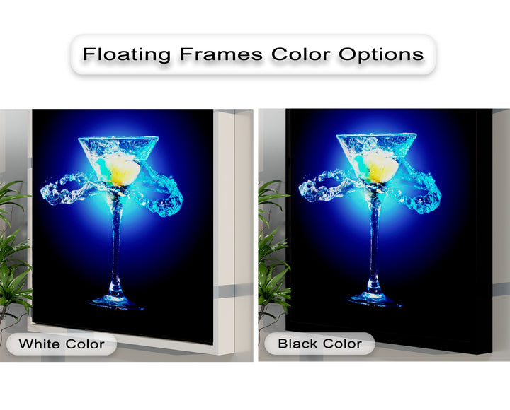 The sleek white and black floating frames elegantly border this vibrant blue martini canvas art prints, perfect for modern unique wall decor.