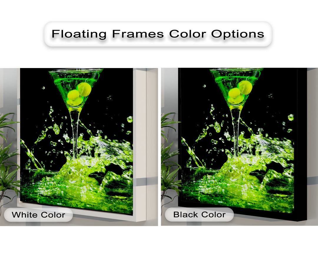 The deep black negative space vividly contrasts with the luminous green martini and its splash, creating stunning canvas wall decor options.