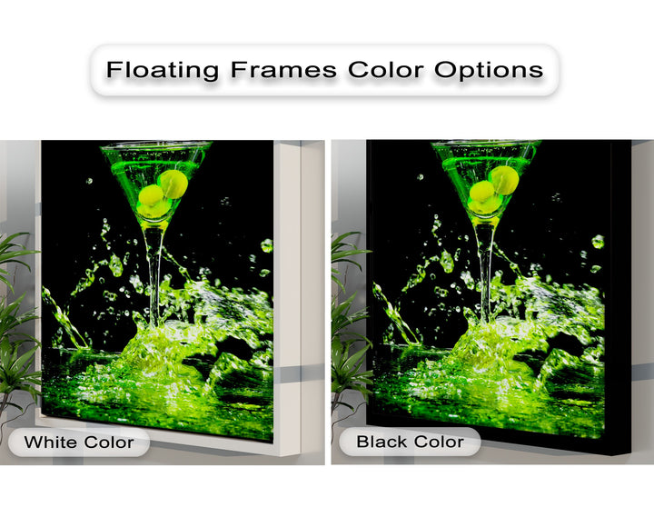The deep black negative space vividly contrasts with the luminous green martini and its splash, creating stunning canvas wall decor options.