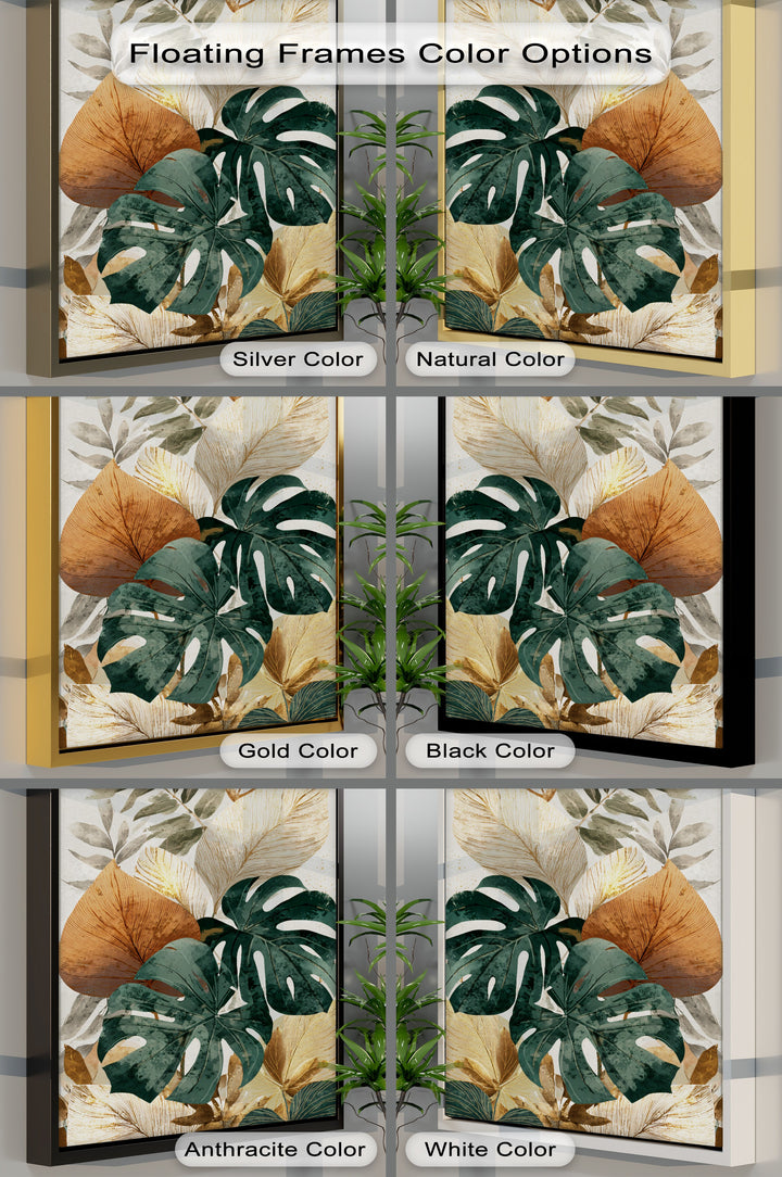 Organic forms of the modern tropical leaf wall art showcase a neutral botanical monstera design, highlighting the texture of the canvas painting on the leaves.