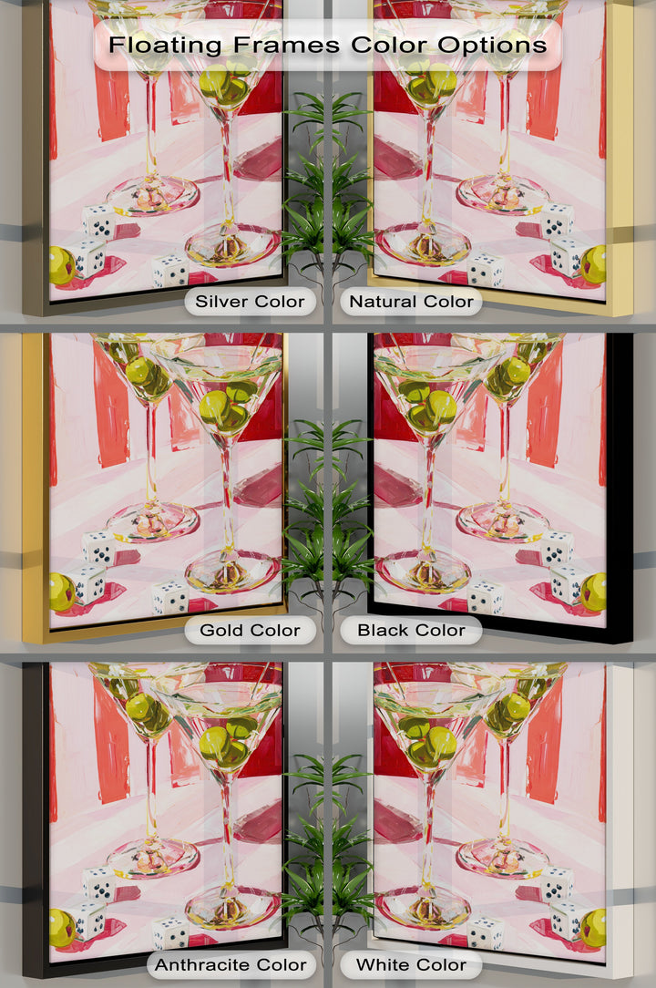 Warm and cool color temperatures distinguish various framing options for the pink martini cocktail canvas artwork, displaying bar art wall decor.