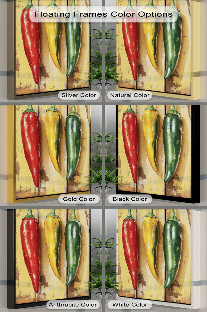 Spicy Trio – Rustic Red, Yellow & Green Peppers Kitchen Canvas Print - MyPhotoStation