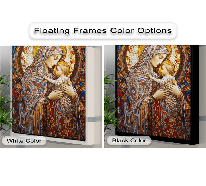 The high color saturation of these canvas art prints highlights the vibrant, intricate details of the Stained Glass Madonna and Child wall art.