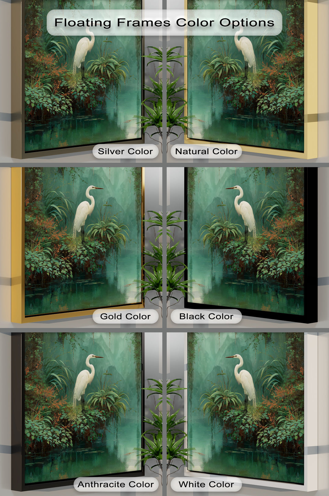 Available finishes for the mystic jungle heron canvas print showcase the beauty of this unique canvas print wildlife wall art.
