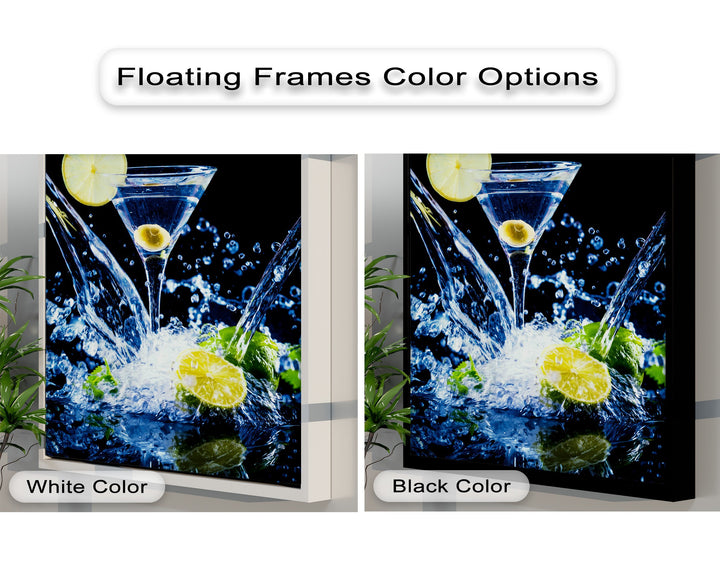 The realistic detail of a framed canvas showcasing a dynamic water splash around a lemon martini glass, evoking a fresh cocktail bar ambiance.