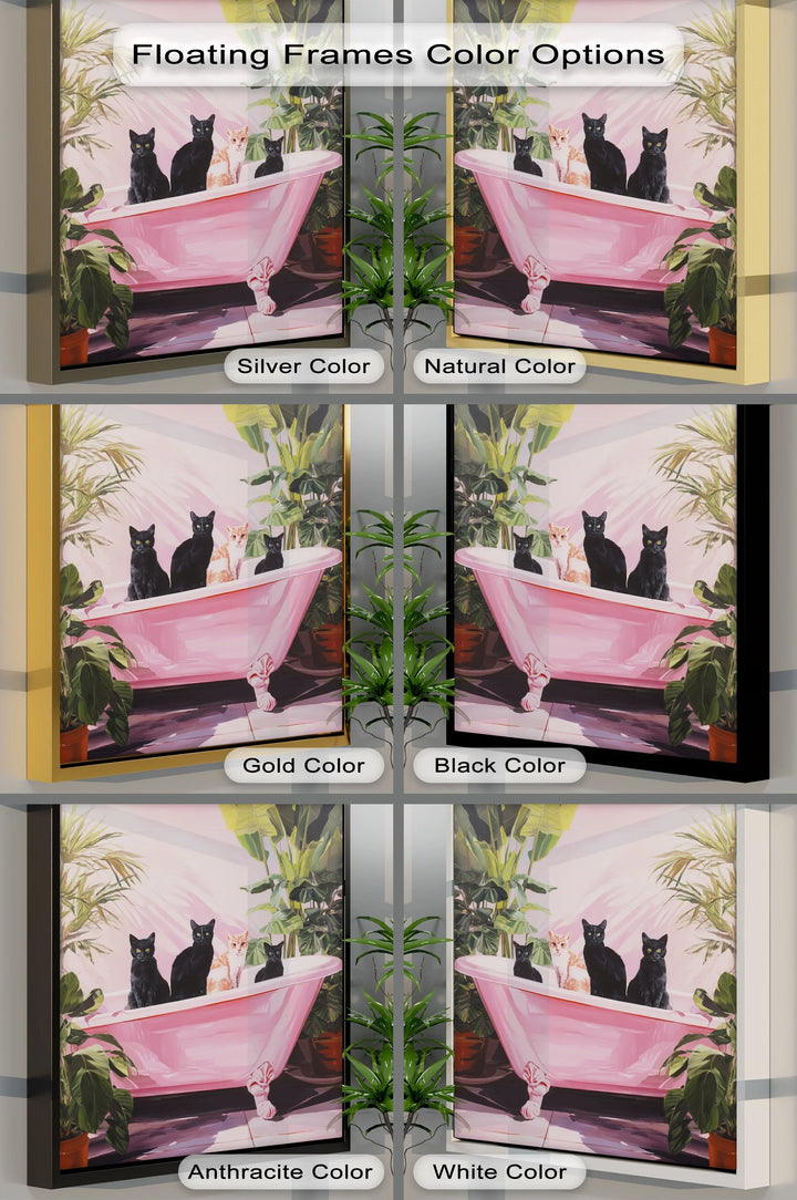 Four Cats in a Pink Bathtub – Playful Botanical Canvas Print - MyPhotoStation