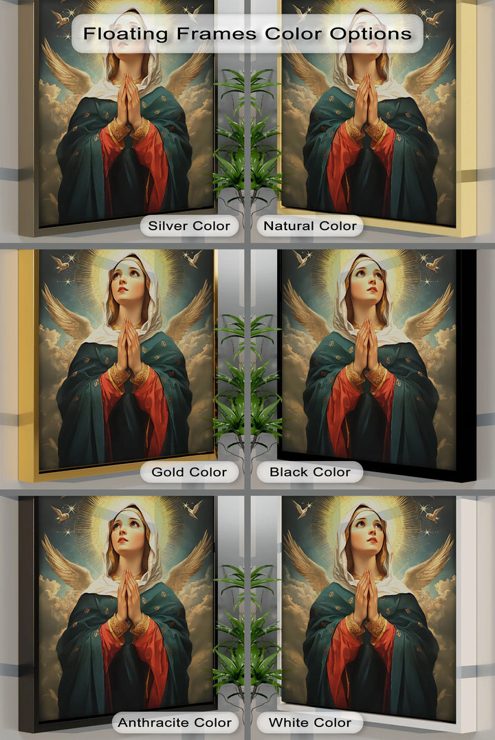 Honor the sacred with this luminous depiction of Mary in angelic elegance on canvas painting.


